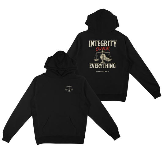 Black hoodie with 'Integrity Over Everything' text and scale design on a white background